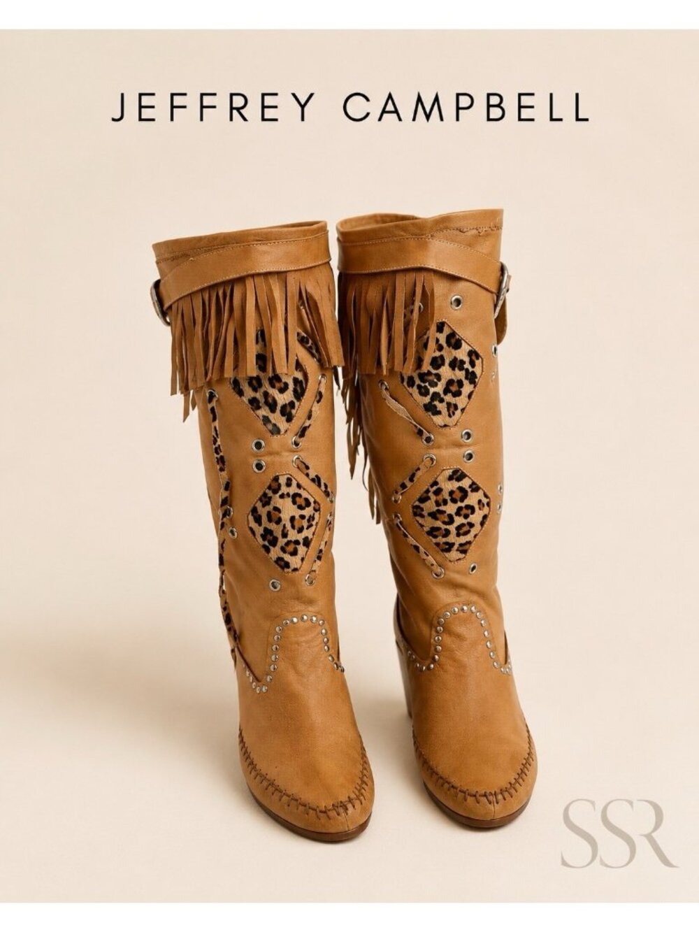 Jeffrey Campbell Fringe Leopard Haircalf Studded Knee High Leather Boots